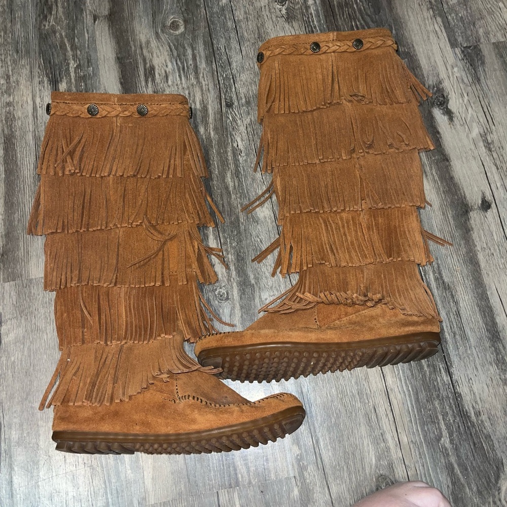 Minnetonka Fringe Suede Knee-High Boots - Picture 4 of 7